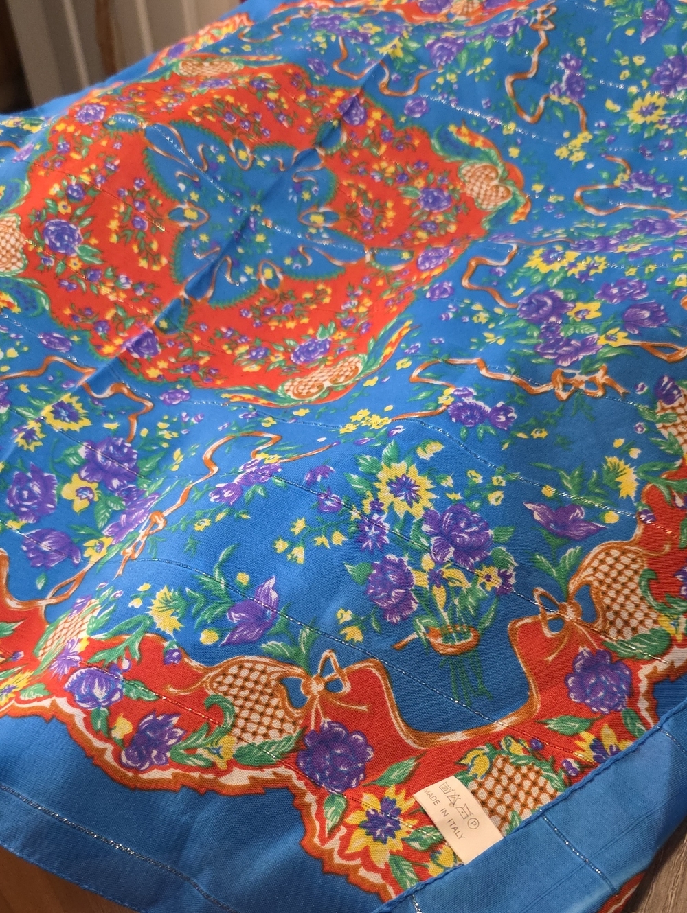 Vibrant Blue Floral Scarf with Red & Purple Border